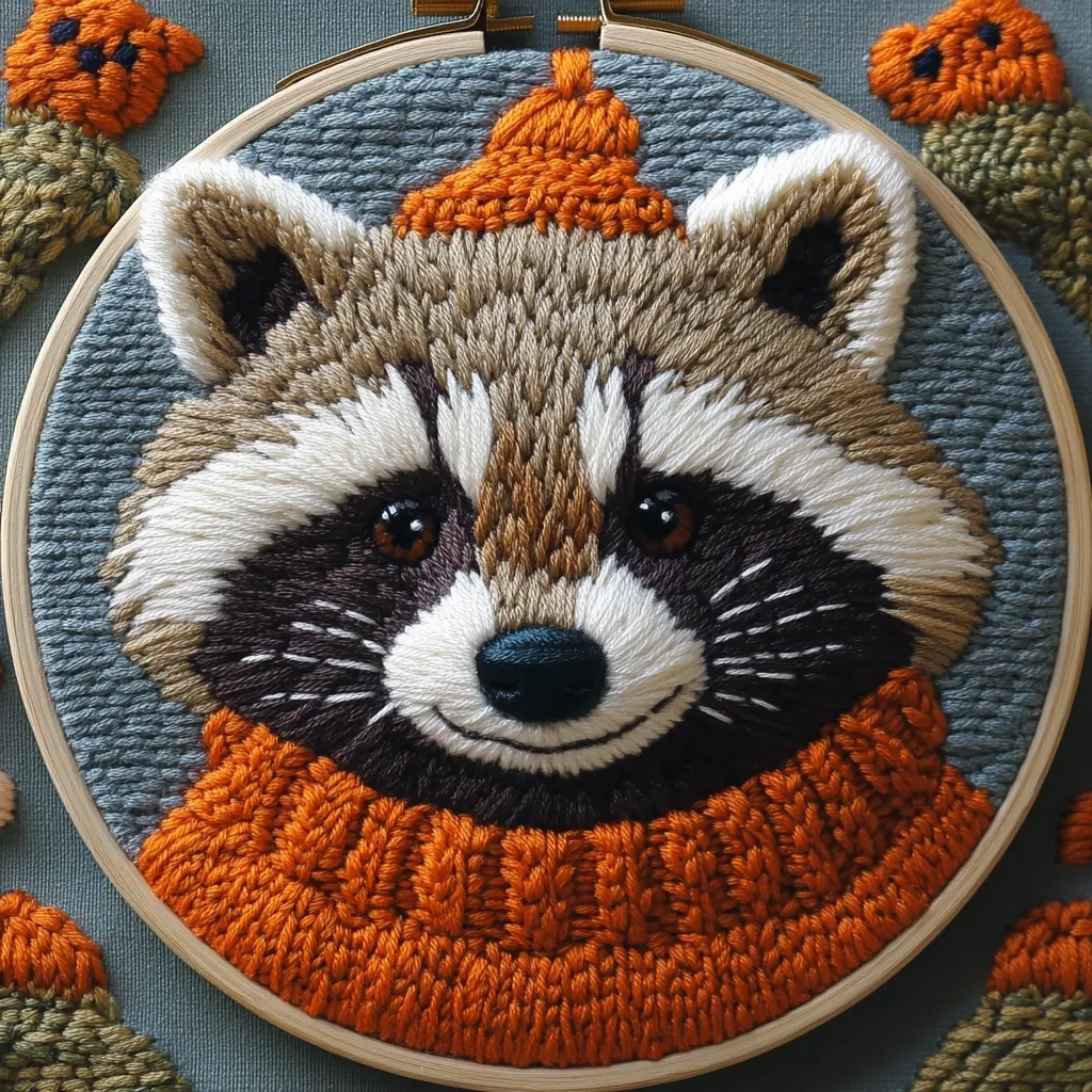 A charming embroidered raccoon portrait is presented in a wooden hoop.  The raccoon wears a cozy orange beanie and matching sweater, its features meticulously detailed with varying shades of brown, white, and black embroidery thread. The background is a muted grey-blue, creating a calm and autumnal feel.  The overall effect is a cute and skillfully crafted piece of needlework art.