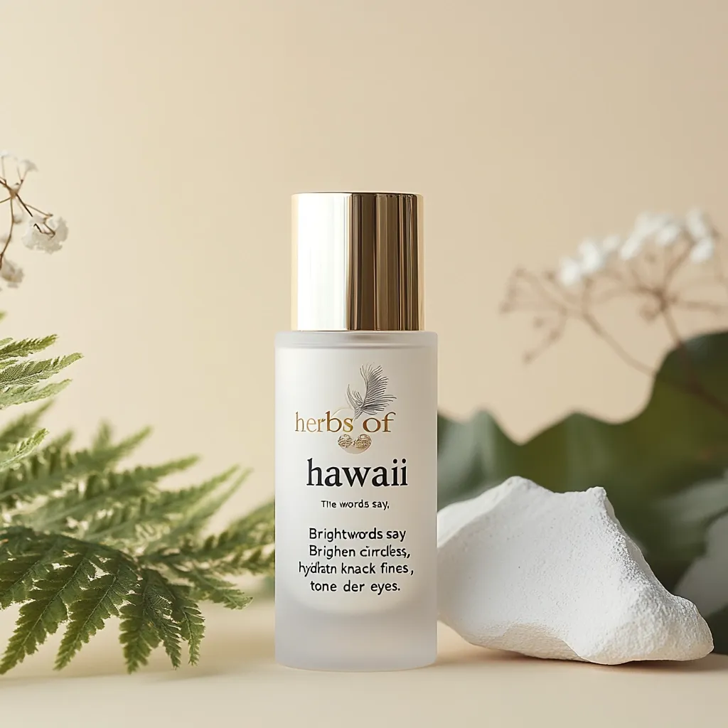 A frosted glass bottle of Herbs of Hawaii skincare product sits on a beige surface.  The bottle has a gold cap and features the brand name and tagline: "The words say, Brightwords say Brighen cirrcless, hydlatn knack fines, tone der eyes."  Green foliage and white stones are artfully arranged in the background. The overall aesthetic is clean, minimalist, and nature-inspired.