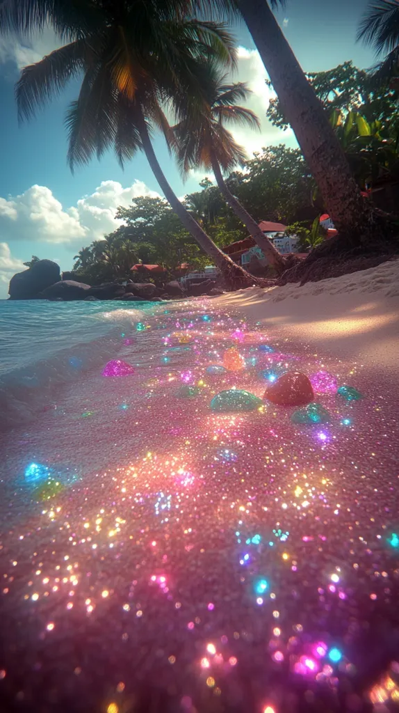 A tranquil beach scene showcases palm trees leaning over a pristine shoreline.  The gentle waves lap at the shore, which is magically adorned with sparkling, iridescent glitter, scattered like precious gems. The vibrant colors of the glitter contrast beautifully with the soft, pink-hued sand and turquoise water, creating a dreamy, surreal atmosphere.  The sun shines brightly, casting a warm glow over the idyllic paradise.