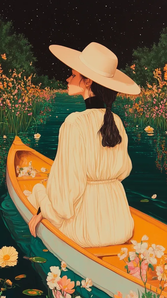 A woman in a wide-brimmed hat and flowing white dress sits serenely in a yellow canoe on a dark, starlit waterway. Lush greenery and vibrant wildflowers line the banks, their reflections shimmering in the water.  The scene is peaceful and dreamlike, evoking a sense of tranquility and solitude under the night sky.