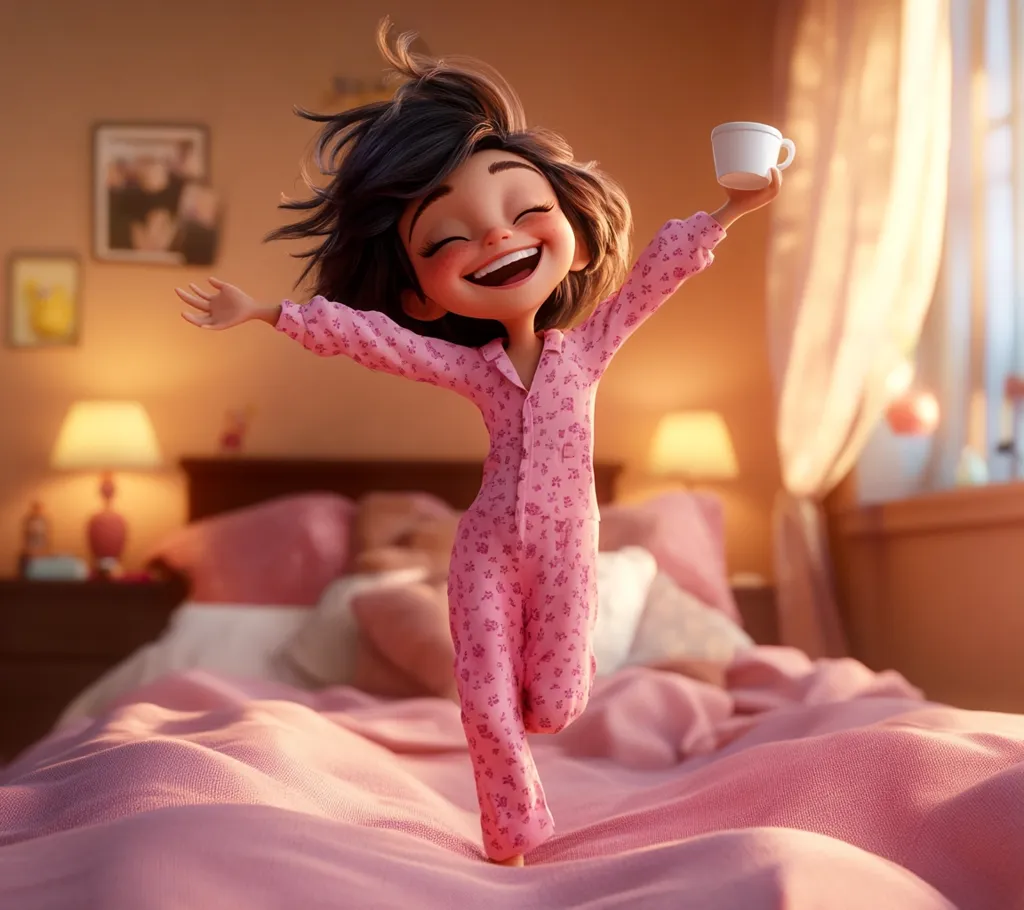 A cheerful cartoon girl in pink pajamas joyfully leaps out of bed, a small cup in her hand.  Her bedroom is warmly lit, with soft pink bedding and a cozy atmosphere.  She has dark hair and a bright, exuberant expression, suggesting a happy start to the day.  The overall scene is whimsical and inviting.