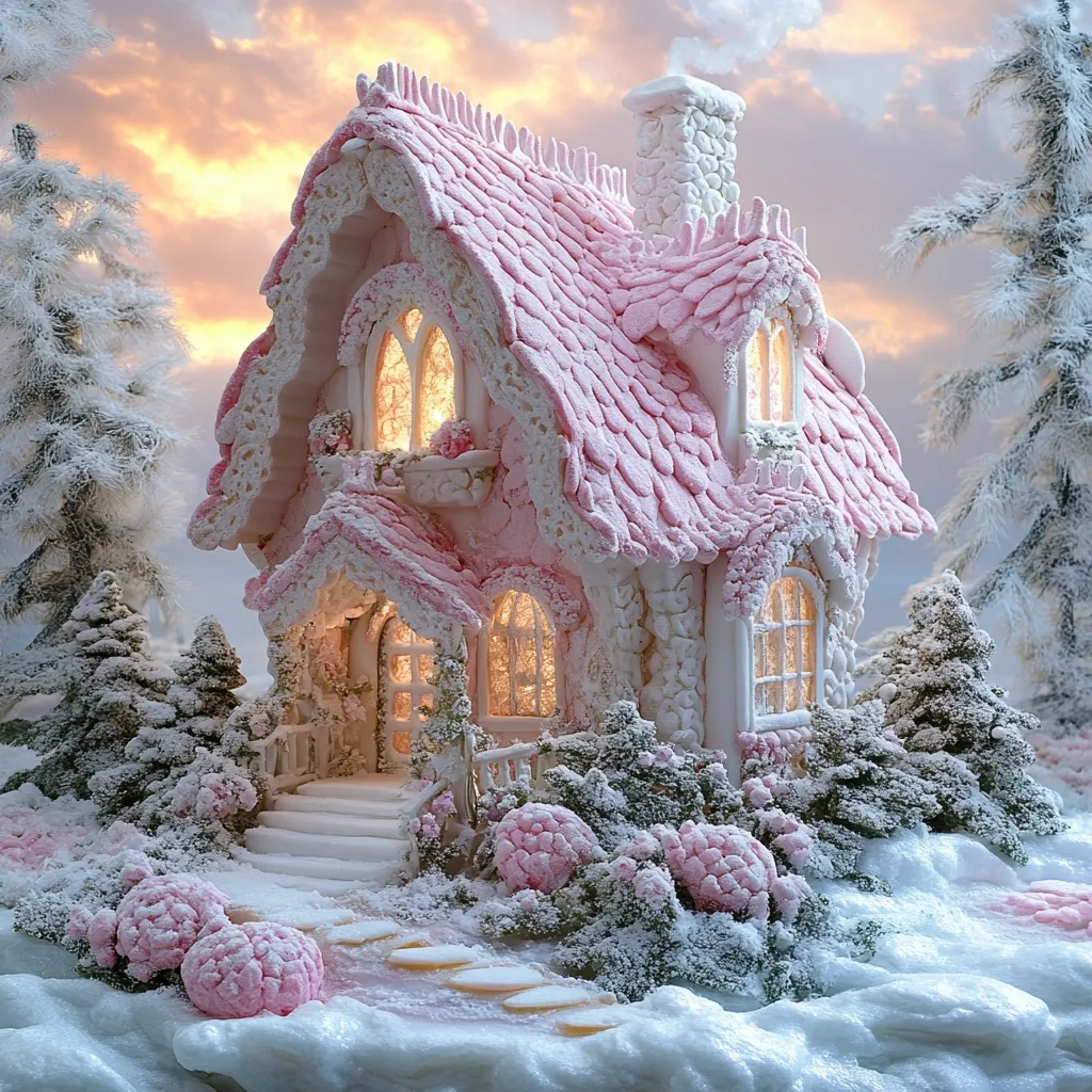A charming, pink gingerbread house sits nestled in a snowy winter scene.  The house is intricately decorated with white frosting, and warm light glows from its windows.  Snow-covered evergreens surround the house, creating a magical, fairytale atmosphere under a soft, sunset sky.  A path of frosted footprints leads to the charming front door.