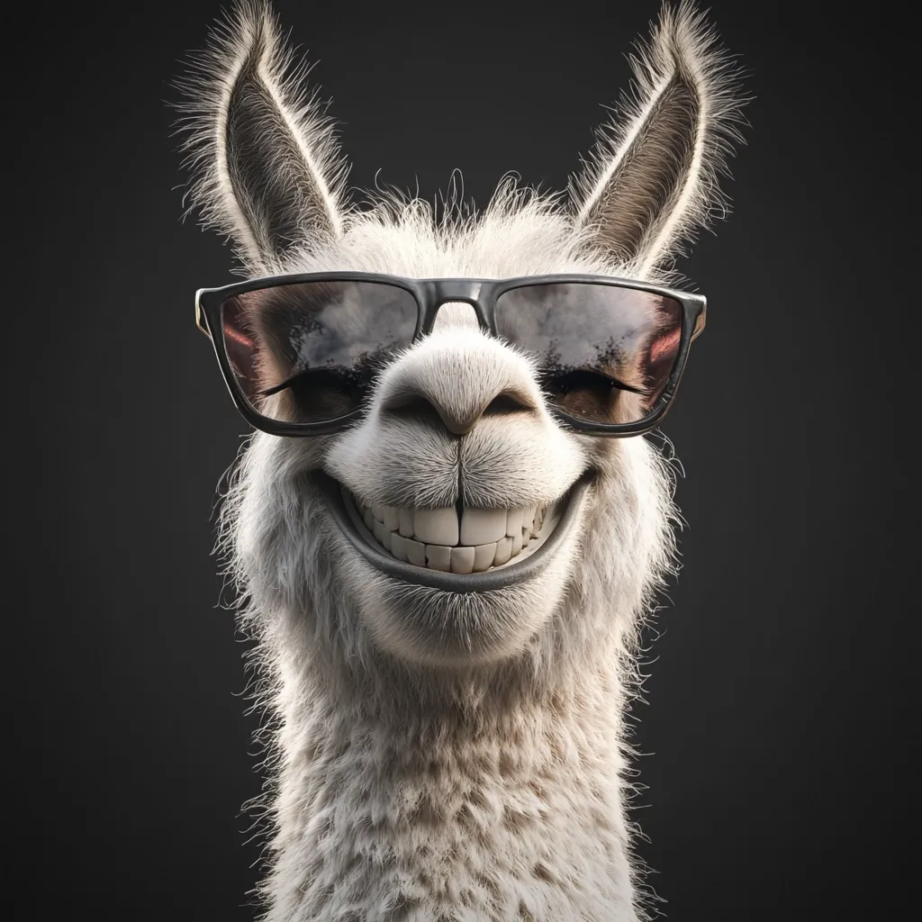 A close-up shot reveals a llama, digitally rendered with remarkable realism.  Sporting stylish black sunglasses, the llama displays a wide, almost mischievous grin, showcasing its teeth.  Its fluffy white fur and expressive features contribute to a humorous and engaging portrait. The dark background accentuates the llama's bright features.