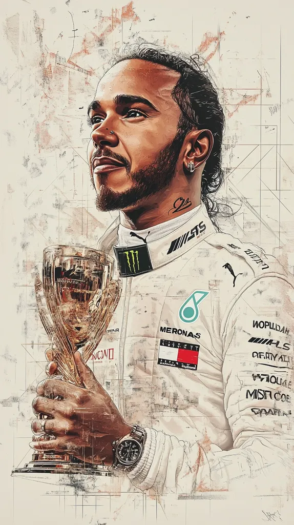 A stylized portrait of Lewis Hamilton, Formula 1 driver, holding a trophy.  The image is rendered in a textured, sketch-like style with a muted color palette.  Hamilton is depicted in his racing suit, showcasing sponsor logos.  The background incorporates faint architectural lines, adding depth and visual interest. The overall effect is a powerful and evocative image celebrating Hamilton's success.