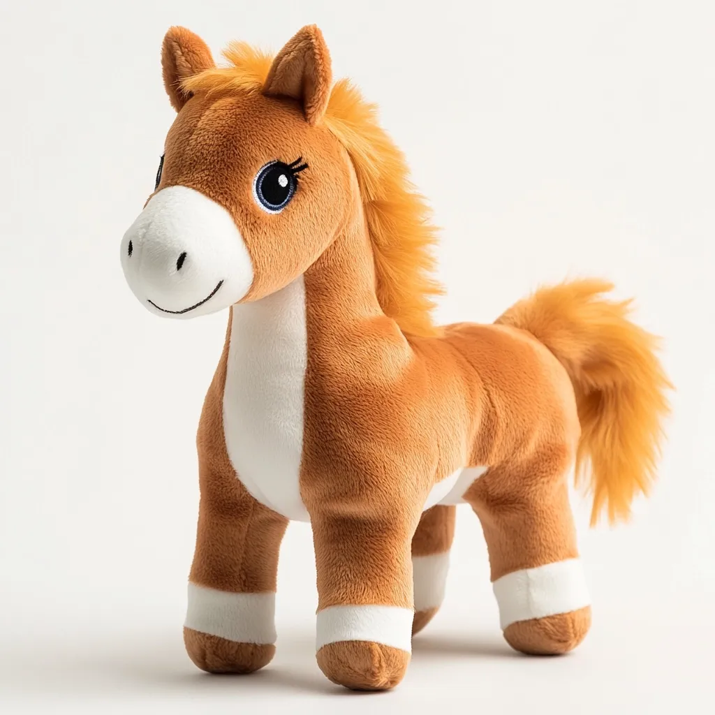 A charming brown plush horse toy stands against a white background.  Its soft, light brown fur is complemented by a white blaze on its face and white socks on its legs.  The horse has large, expressive eyes and a fluffy mane and tail. It's a cuddly and appealing toy, perfect for children.
