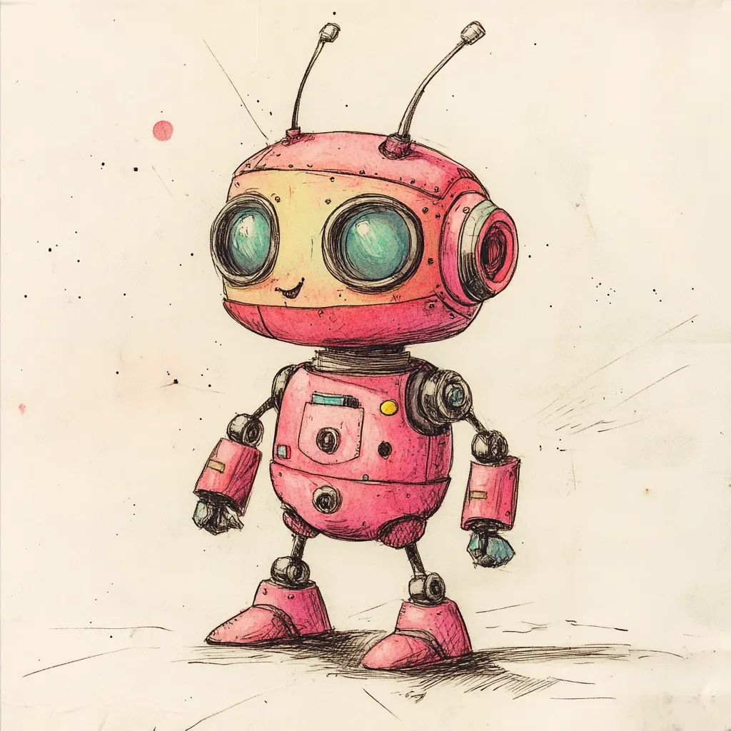 A charming hand-drawn illustration depicts a pink robot with large, expressive eyes and short antennae.  Its design is rounded and friendly, with visible joints and small details like a pocket on its chest. The robot appears cheerful, conveying a sense of playful innocence. The style is reminiscent of children's book illustrations, using watercolor and ink techniques to create texture and depth.
