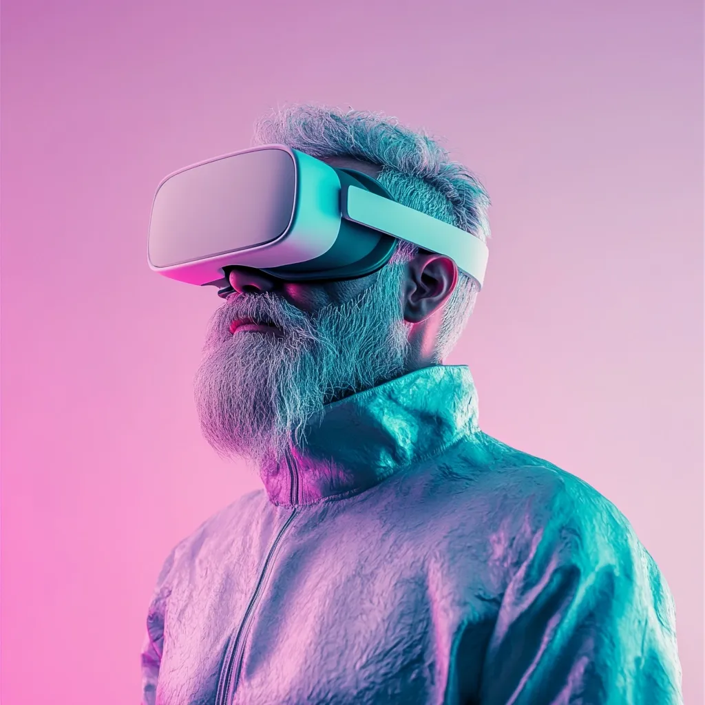 A senior man with a long white beard wears a futuristic, light purple jacket and a virtual reality headset.  The image is bathed in vibrant pink and blue neon lighting, creating a striking contrast.  He appears calm and contemplative, immersed in the virtual world presented by the VR technology. The overall aesthetic is modern and stylish.