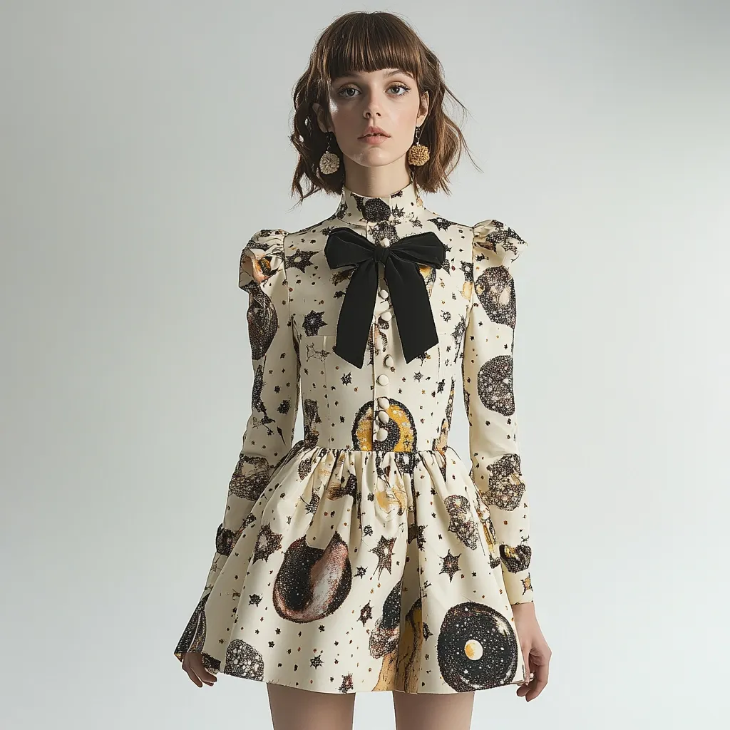 A young woman models a cream-colored mini dress adorned with a celestial print of stars and planets.  The dress features long sleeves with subtle puff shoulders, a high neck, and a black velvet bow at the collar.  The flared skirt adds a touch of femininity to the whimsical design.  She wears small, round earrings, complementing the overall elegant and stylish look.