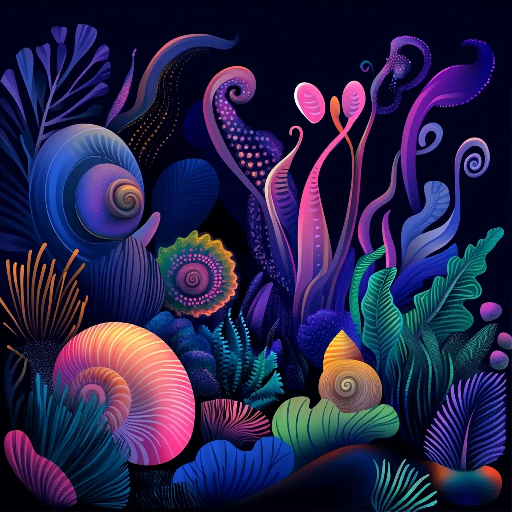 A vibrant, surreal underwater scene bursts with bioluminescent colors.  Giant, iridescent seashells and fantastical plants in shades of purple, pink, blue, and green fill the frame. The dark background enhances the glow of the organisms, creating a captivating and otherworldly image.  Intricate details on the shells and plants add to the dreamlike quality.