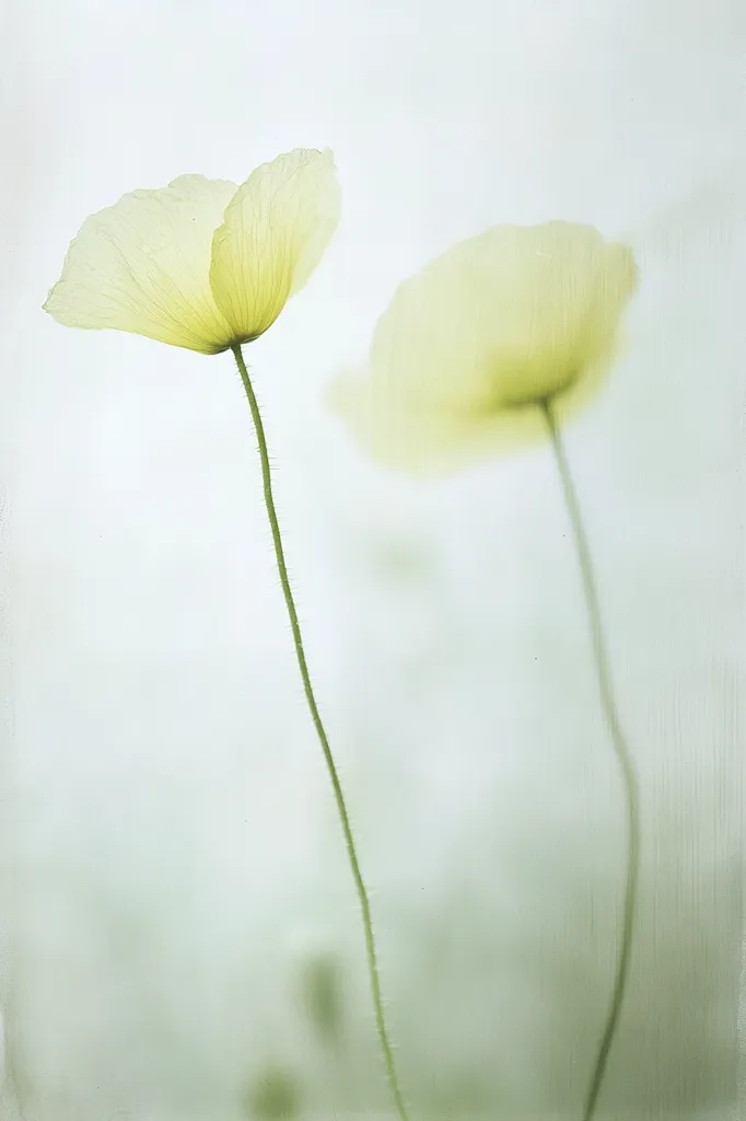Two pale yellow poppies stand tall against a soft, muted background.  Their delicate petals are translucent, almost ethereal, and their slender stems rise gracefully.  The overall image evokes a feeling of serenity and gentle beauty, with a soft focus blurring the background and emphasizing the flowers' delicate forms.  The color palette is calming and understated.
