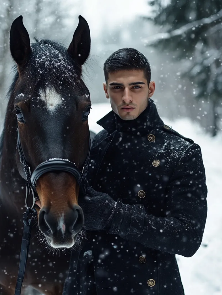 A dark-haired man in a dark peacoat stands next to a dark brown horse in a snowy forest.  Snow falls softly around them. The man is looking directly at the camera with a serious expression. The horse's head is close to the man, and it is adorned with a bridle. The overall atmosphere is one of quiet intensity and winter's beauty.