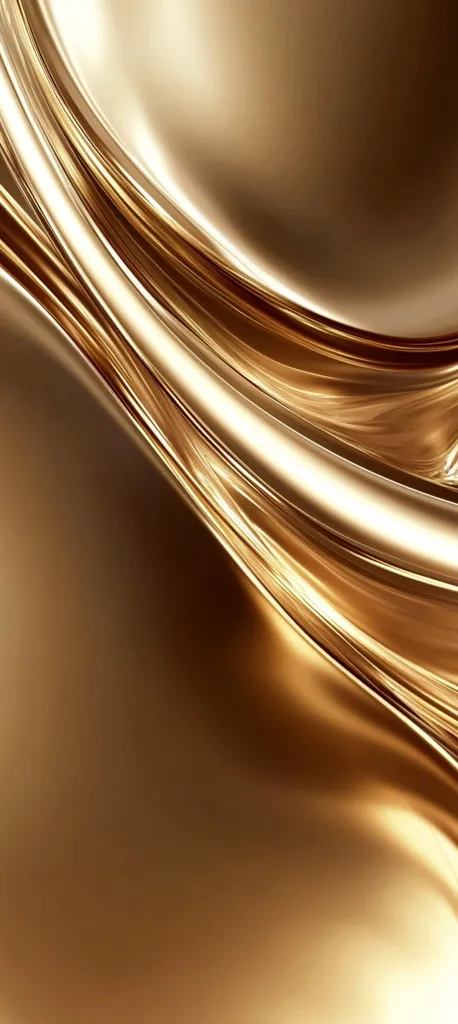 The image showcases a luxurious abstract design featuring flowing, golden curves.  The smooth, metallic texture suggests a fluid, almost liquid gold, with subtle highlights and shadows creating depth and dimension. The color palette is rich and warm, ranging from light gold to deeper amber tones.  The overall effect is one of elegance and opulence.