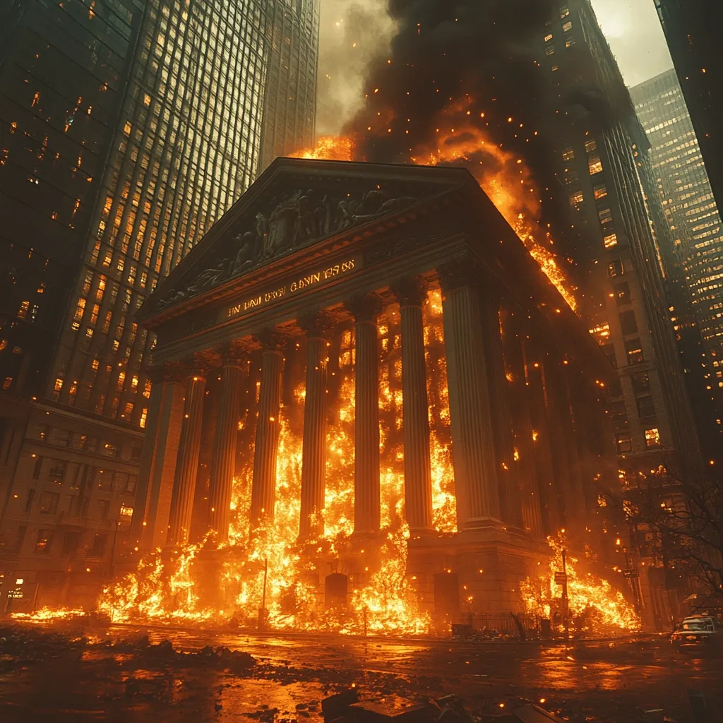 A grand classical building, engulfed in intense flames, dominates the scene.  Surrounding skyscrapers are also ablaze, adding to the apocalyptic atmosphere.  Embers and smoke fill the night sky, creating a dramatic and fiery spectacle in a city setting. The destruction is widespread, with debris scattered across the rain-slicked street. The image conveys a sense of chaos and overwhelming devastation.