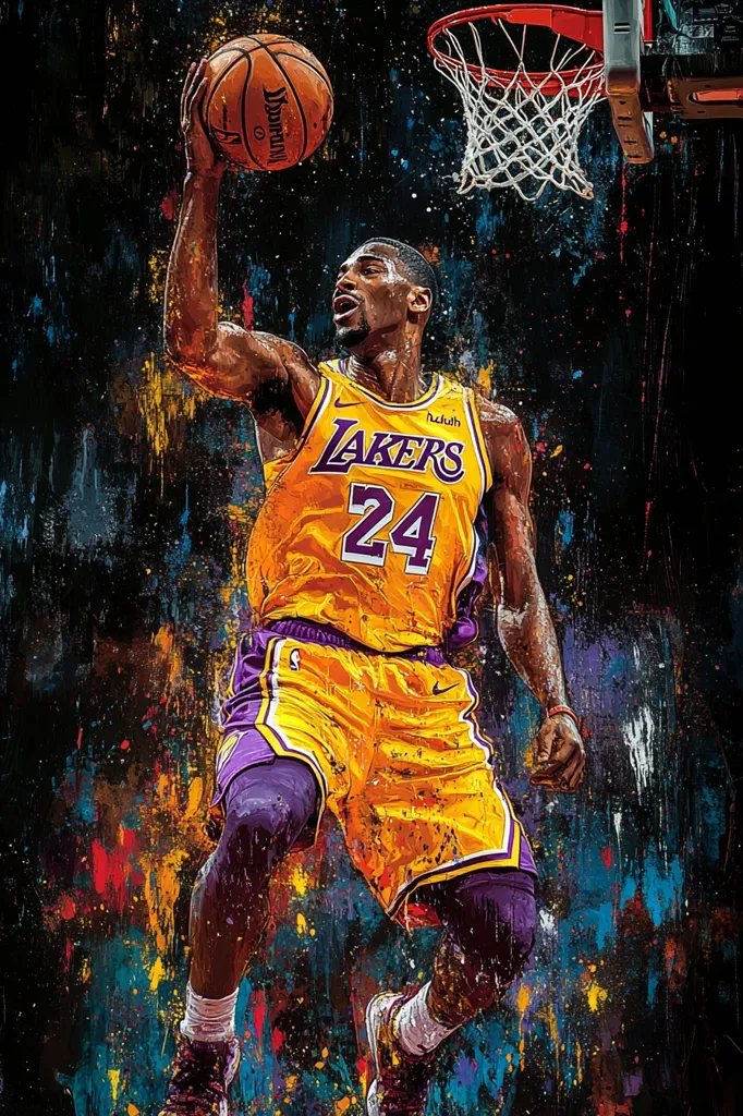 A vibrant, stylized artwork depicts a basketball player, seemingly Kobe Bryant, in mid-air, poised to shoot.  He's wearing a Los Angeles Lakers jersey, number 24, against a dynamic backdrop of splashed colors. The image is energetic and expressive, capturing the intensity of the game. The style blends photorealism with abstract paint splatters, creating a powerful visual impact.