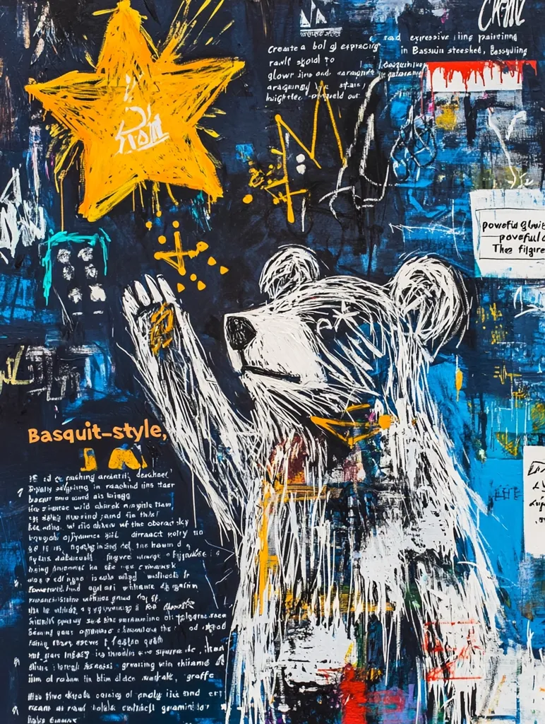 A vibrant, abstract painting in the style of Jean-Michel Basquiat features a stylized white bear reaching towards a bright yellow star.  The artwork is layered with energetic brushstrokes, graffiti-like text, and a chaotic mix of colors and textures.  Words and phrases are scattered across the canvas, adding to the overall sense of dynamism and energy. The piece evokes a powerful and expressive mood.
