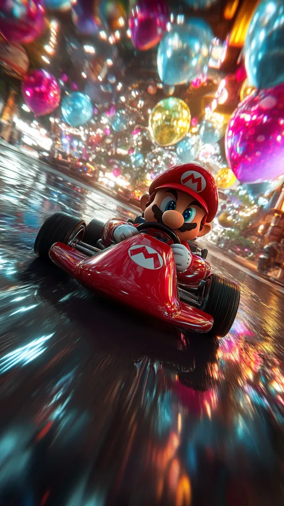 A vibrant digital illustration showcases Mario speeding through a nighttime city in his signature red kart.  Colorful, blurred lights resembling balloons and city reflections streak behind him, creating a dynamic, motion-blurred effect.  Mario's determined expression is visible as he grips the wheel, emphasizing the thrill of the race. The scene is a vivid mix of playful character design and energetic cityscapes.