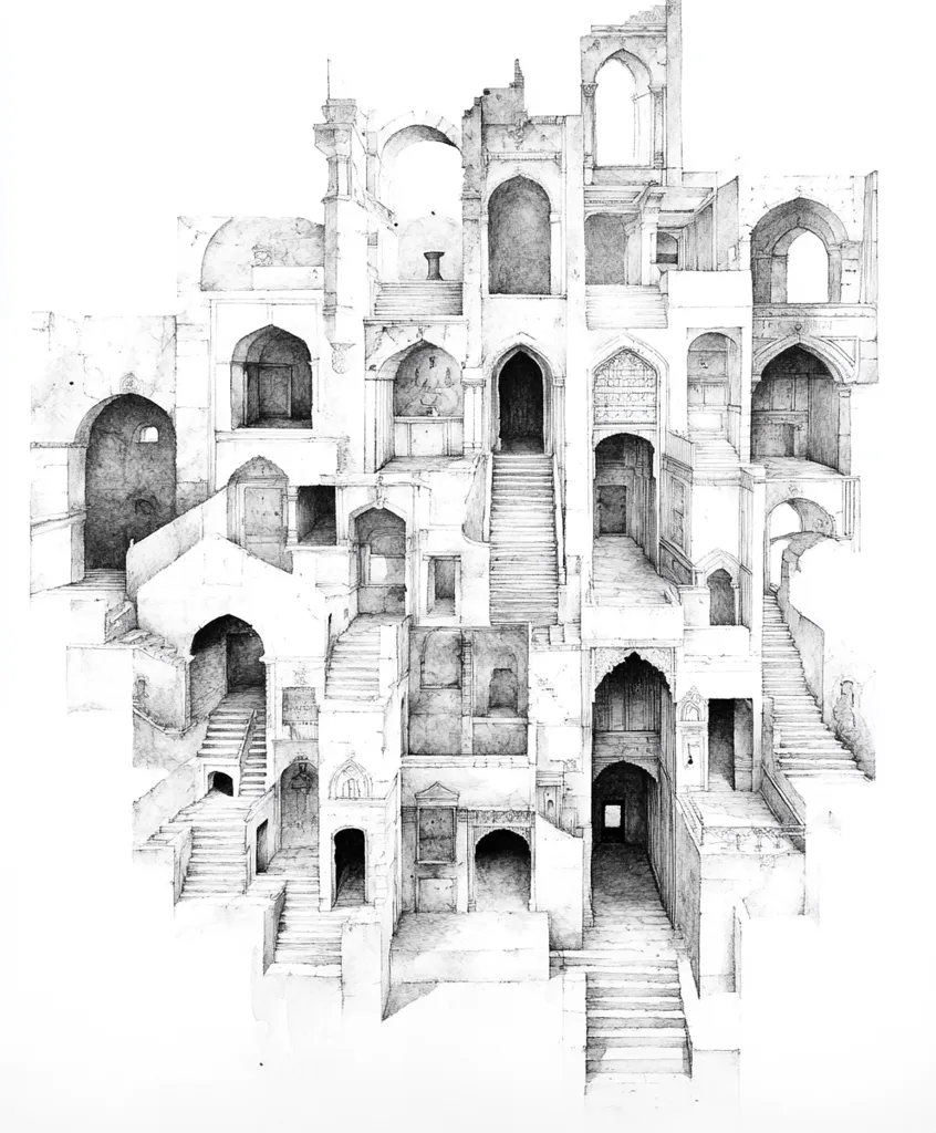 A meticulously detailed pen-and-ink drawing depicts a complex, multi-layered architectural structure.  The style suggests a ruined or fragmented building, with numerous staircases, arches, and doorways intricately interwoven.  The perspective is subtly distorted, creating a sense of depth and mystery within the seemingly impossible arrangement of spaces. The monochromatic palette enhances the intricate detail and architectural precision of the drawing.
