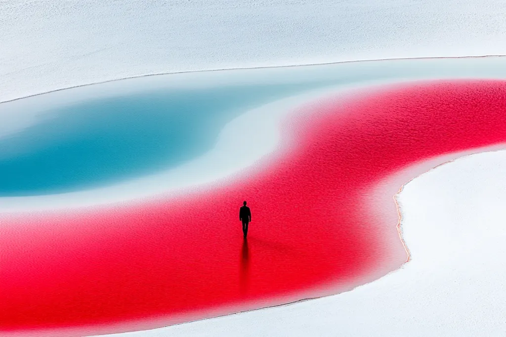 A solitary figure walks across a vibrant, surreal landscape.  A body of water, strikingly divided into teal and intense red sections, curves across a white, snow-like surface. The contrast between the person's small scale and the dramatic colors of the landscape creates a sense of isolation and wonder.  The image's composition is stark and minimalist.