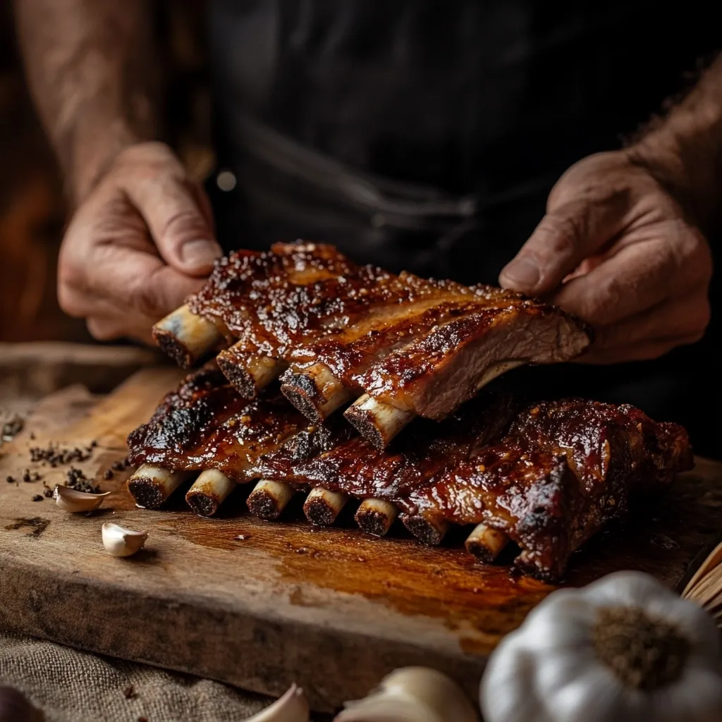 Two racks of glistening, barbecue-glazed ribs are carefully held by a person's hands.  The ribs, rich in color and texture, rest on a rustic wooden board, surrounded by garlic cloves and peppercorns. The image emphasizes the deliciousness of the perfectly cooked meat, highlighting the tender texture and savory glaze. The overall ambiance is dark and moody, creating a visually appealing contrast with the vibrant ribs.