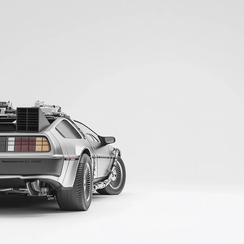 A rear three-quarter view of a DeLorean time machine against a stark white background.  The iconic silver car is shown with its flux capacitor and other detailed features visible.  The image is clean and minimalist, focusing attention on the vehicle's design. The car's metallic sheen is prominent, highlighting its futuristic aesthetic.