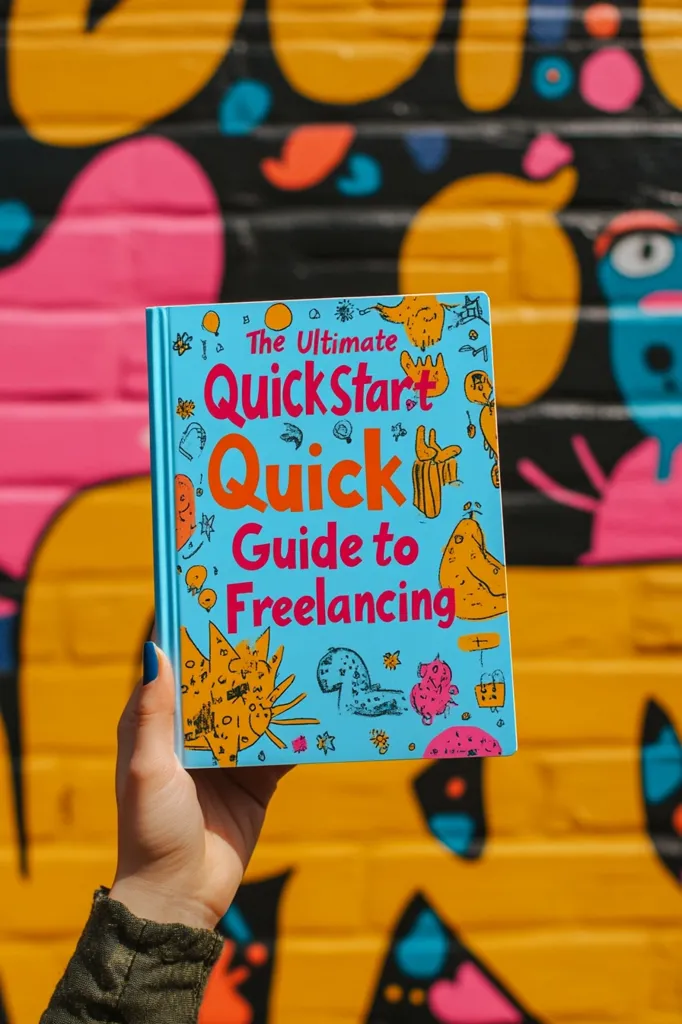 A hand holds "The Ultimate Quick Start Quick Guide to Freelancing," a vibrant book with playful illustrations against a colorful graffiti backdrop.  The book's cover features bright, cartoonish drawings in pink, orange, and teal on a light blue background. The title is prominently displayed in bold, orange lettering. The overall image is cheerful and suggests a fun, accessible approach to freelancing.