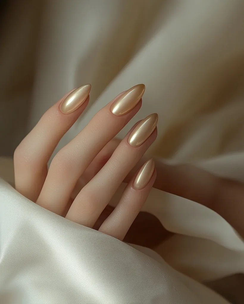 A hand with elegantly manicured nails rests on a soft, creamy fabric.  The nails are long and almond-shaped, painted a shimmering, metallic champagne gold. The subtle lighting enhances the glossy finish, creating a luxurious and sophisticated feel. The overall image is calm and visually appealing, showcasing a simple yet chic nail design.