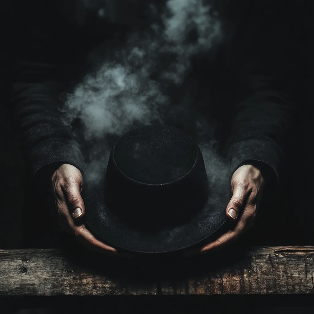 A person's hands gently cradle a black fedora hat.  Smoke subtly rises from the hat, adding a mysterious and atmospheric quality to the image. The dark background and dimly lit setting enhance the somber mood, suggesting a contemplative or possibly mournful scene. The hands and hat are the focal points, sharply in contrast to the blurred background.
