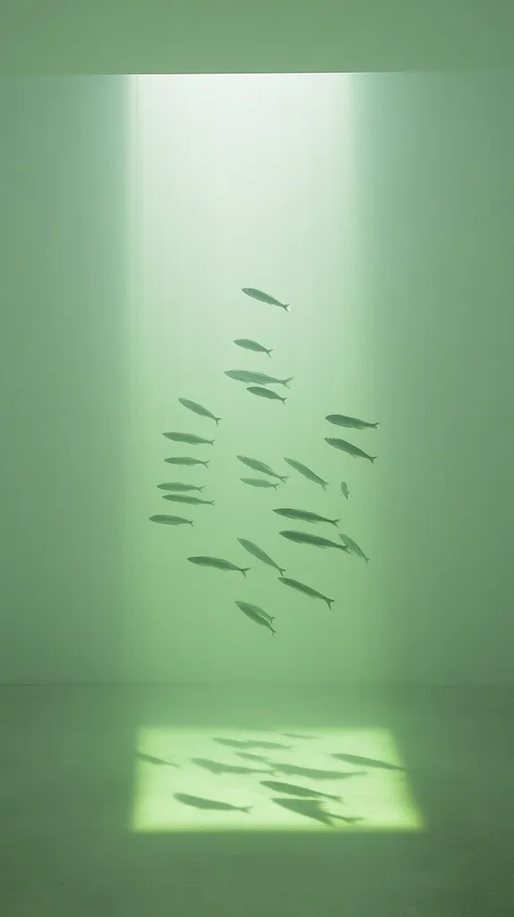 A school of fish swims in a pale green, dimly lit room.  A rectangular shaft of light from above illuminates the fish, casting their shadows on the floor below. The fish appear to be silver or light gray, and their movements are serene. The overall atmosphere is calm and minimalist. The image evokes a sense of tranquility and underwater serenity within a contained space.