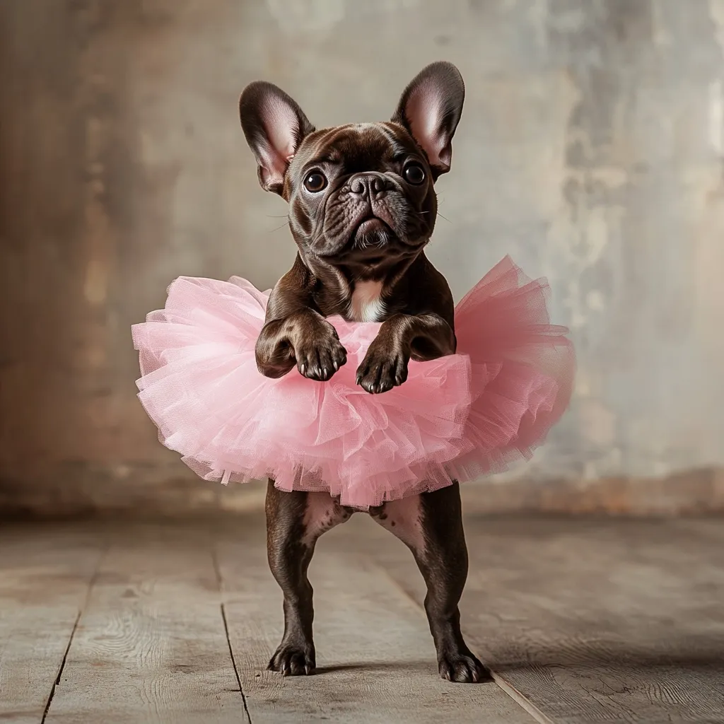 An adorable brown French bulldog puppy stands on its hind legs, poised in a delicate pink tutu.  Its paws are neatly placed together, and it gazes directly at the camera with a charming expression. The tutu is fluffy and layered, contrasting beautifully with the dog's dark fur. The background is a rustic, textured wall and wooden floor.