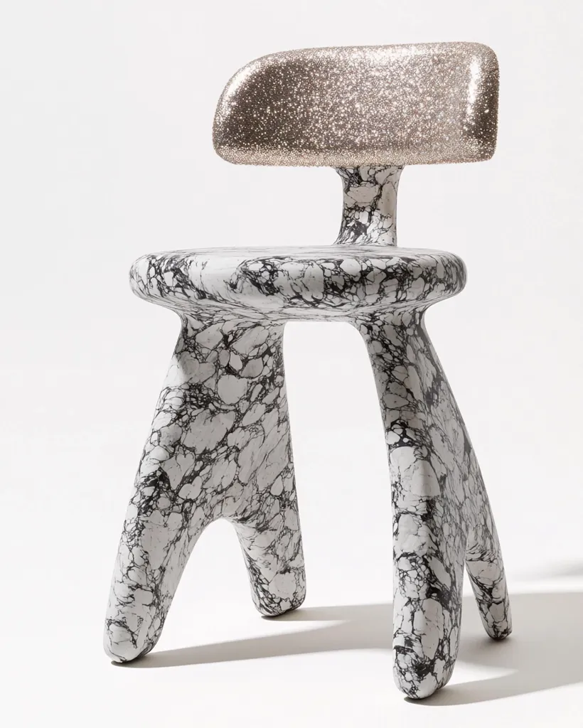 A modern chair with a unique design is shown.  The seat and legs are crafted from a black and white marbled material, resembling stone. The backrest is a contrasting, shimmering, light-gold glitter finish. The chair's form is organic and sculptural, with rounded shapes and slightly uneven legs.  It is a statement piece, blending contrasting textures and materials.
