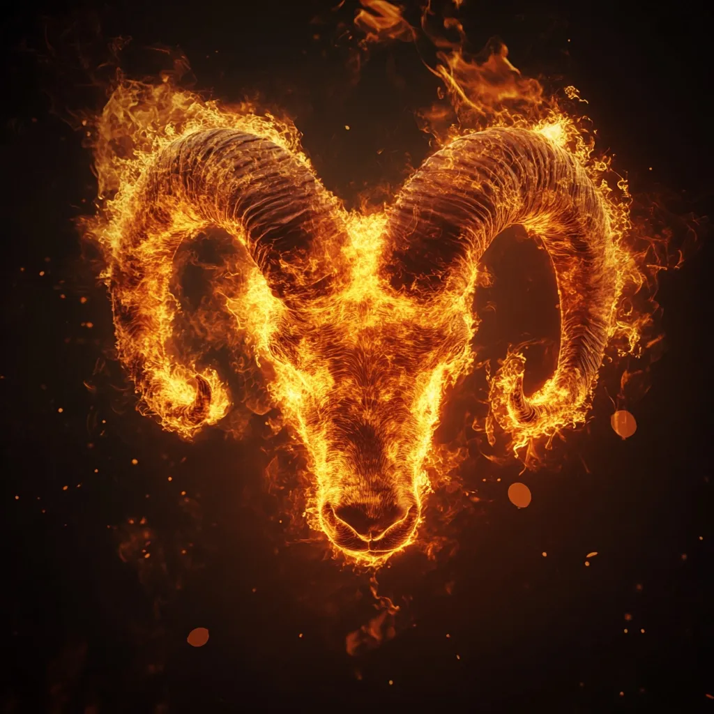 A fiery ram's head is depicted in a dramatic, dark image.  The flames engulf the entire form, creating a surreal and intense effect. The ram's horns curve elegantly, and its facial features are clearly defined within the fiery spectacle.  Sparks and embers dance around the fiery creature, adding to the overall powerful and mystical ambiance.