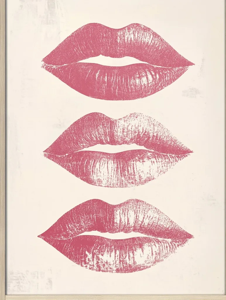 A framed art print features three vertically stacked, stylized lip prints in dusty rose.  The prints are textured, giving the impression of a kiss mark, and are set against a light beige background with a subtle distressed texture.  The overall style is simple, bold, and romantic.