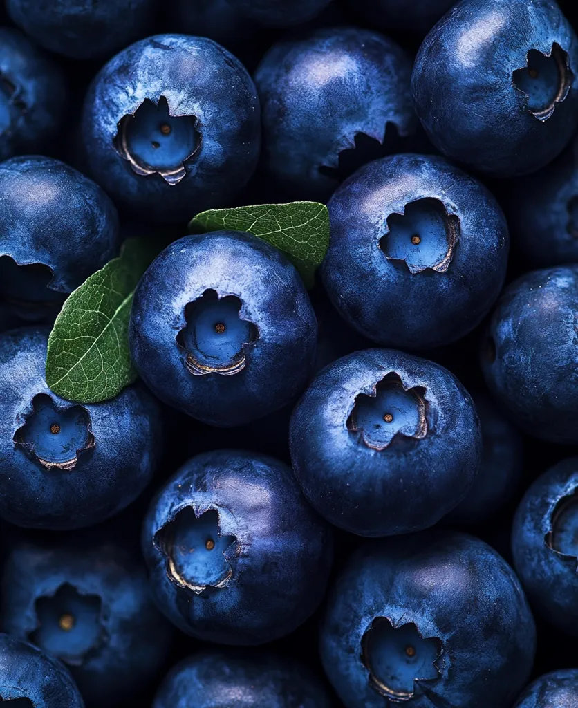 A close-up shot reveals a cluster of plump, ripe blueberries.  Their deep blue color is accentuated by subtle highlights, showcasing the individual texture of each berry.  A few green leaves peek out from between the berries, adding a touch of freshness to the image. The overall effect is one of rich color and natural abundance.