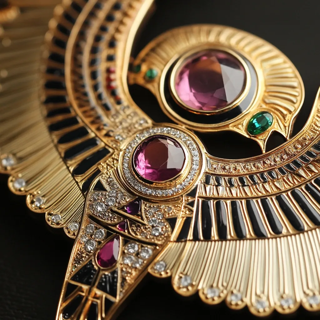 A close-up reveals an ornate gold pendant, meticulously crafted in an Egyptian style.  The piece features vibrant pink and green gemstones, encircled by sparkling diamonds, set against a black enamel backdrop. Intricate gold detailing evokes the wings of a mythical creature, creating a luxurious and historically inspired design. The jewelry displays exceptional craftsmanship and attention to detail.