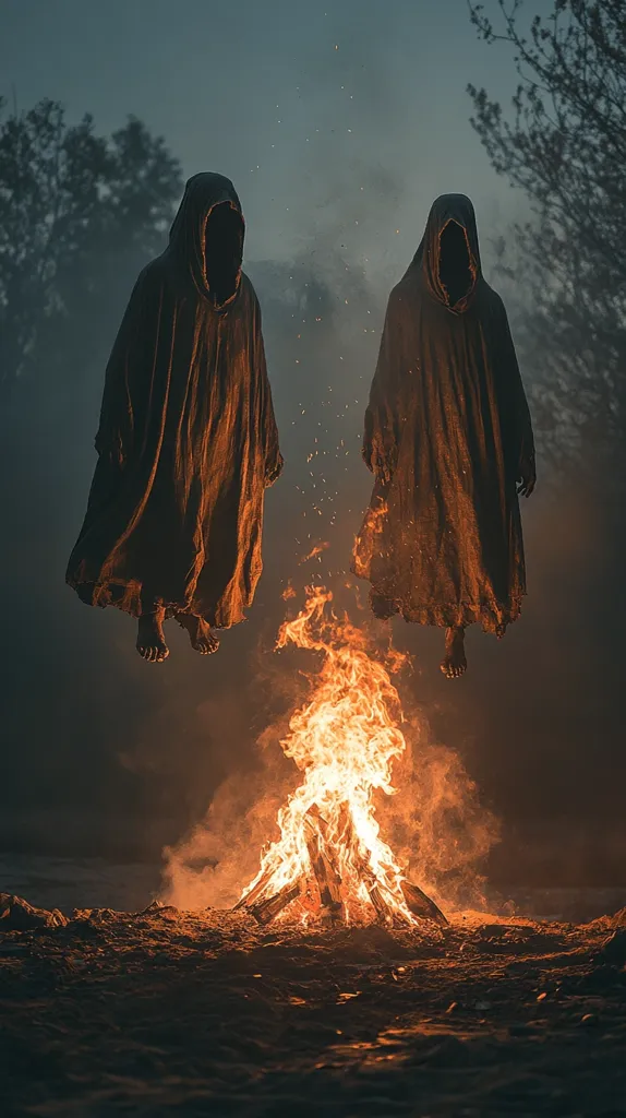 Two cloaked figures, seemingly floating, hover above a crackling bonfire at night.  Their faces are obscured by deep hoods, creating an eerie and mysterious atmosphere. The scene is dark and moody, enhanced by the flames and surrounding twilight.  The overall feeling is one of suspense and otherworldliness.