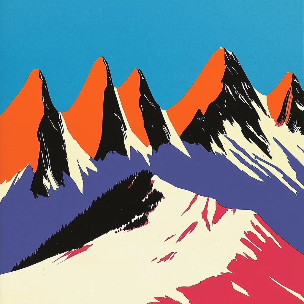 A stylized depiction of a mountain range dominates the image.  Bold, flat colors—vibrant orange, deep black, purple, and cream—create a striking contrast against a bright blue sky.  The peaks are sharply defined, with simplified forms suggesting snow and shadow.  The artist employs a graphic, almost poster-like style, prioritizing strong color blocks over realistic detail.  A dark patch of trees is nestled into the lower section of the mountains, providing a sense of depth.