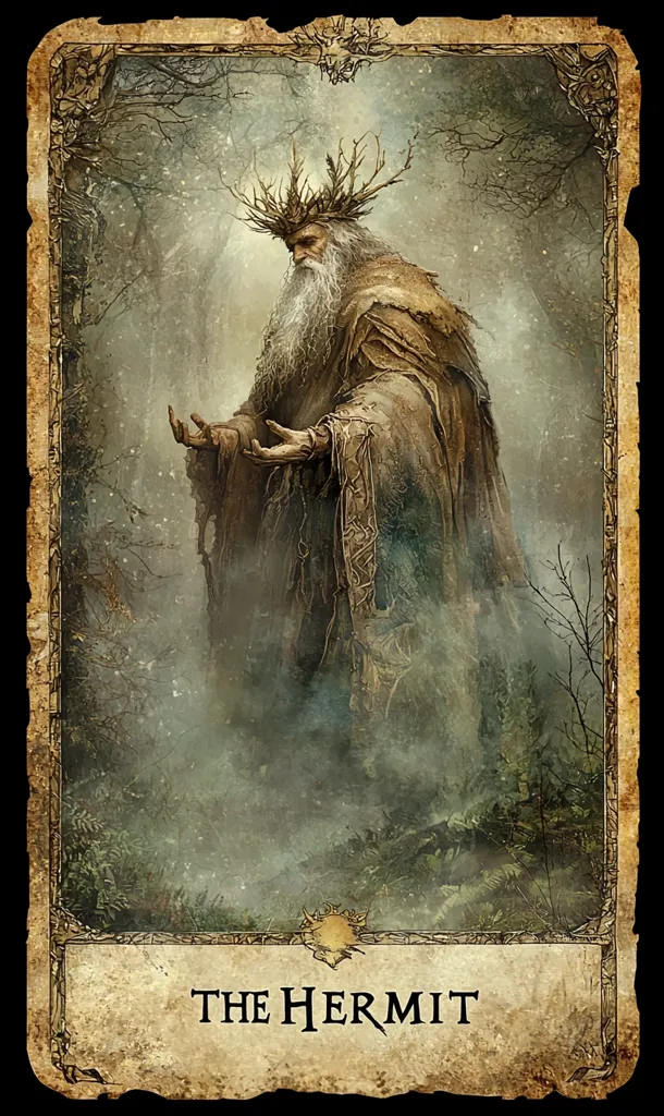 An aged hermit, crowned with antlers, stands in a misty forest.  His long white beard and tattered robes suggest a life lived in solitude.  He holds his hands outward, seemingly in contemplation or offering.  The parchment-like border and title, "The Hermit," evokes a sense of arcane wisdom and mystical connection to nature.  The overall aesthetic is dark, atmospheric, and evocative of fantasy art.