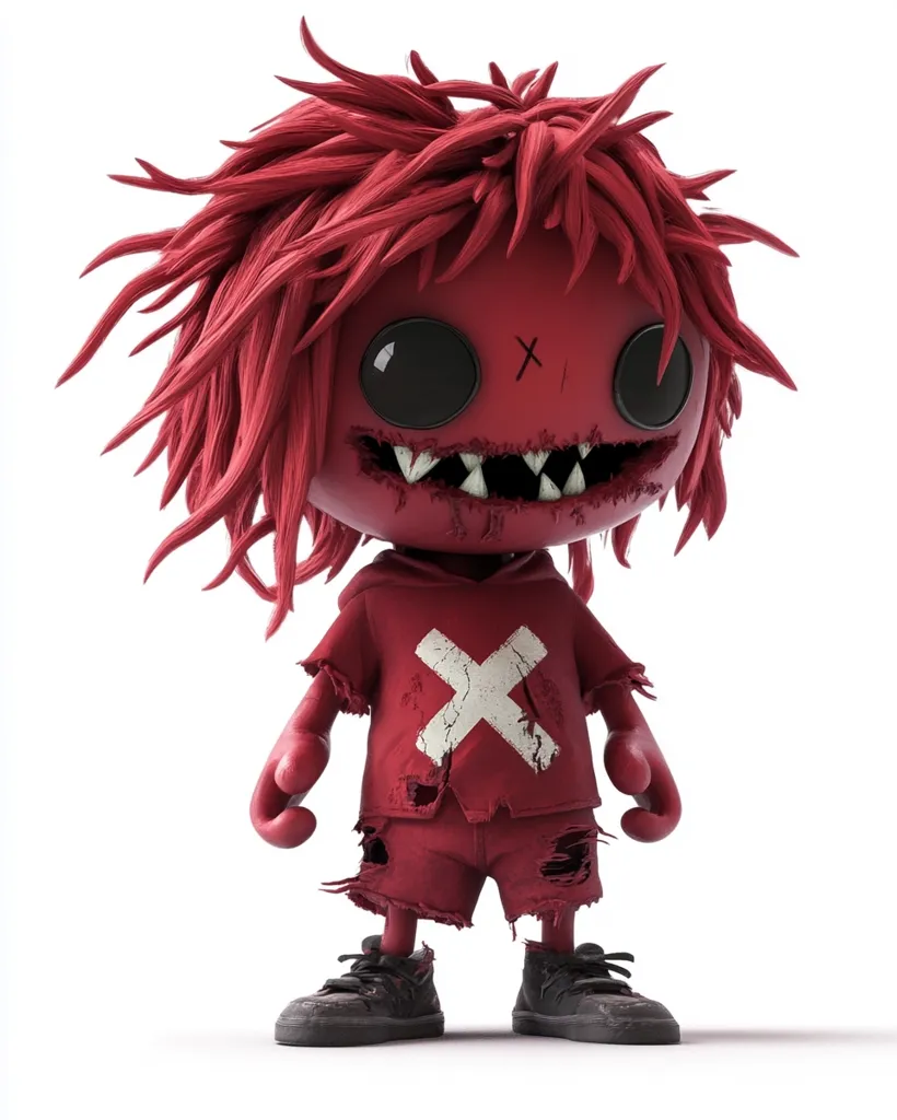 A 3D-rendered image showcases a stylized rag doll character.  The doll is predominantly red, with spiky red hair, large black eyes, and a stitched-up mouth revealing sharp teeth.  It wears a tattered red shirt and shorts, adorned with a white 'X' marking.  The doll's overall aesthetic is slightly unsettling, blending cute and creepy elements.  The background is plain white, emphasizing the doll.