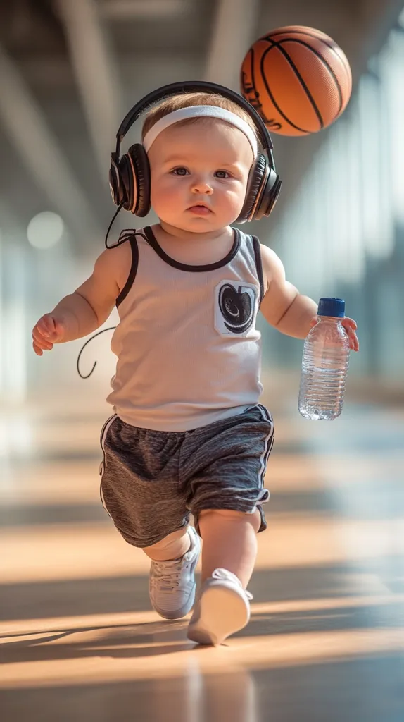 A toddler, wearing oversized headphones and a basketball-themed outfit, walks across a polished wooden floor. A basketball floats above the child's head, adding to the playful scene. The baby carries a bottle of water, suggesting a break in play.  The overall impression is one of youthful energy and sporty style.