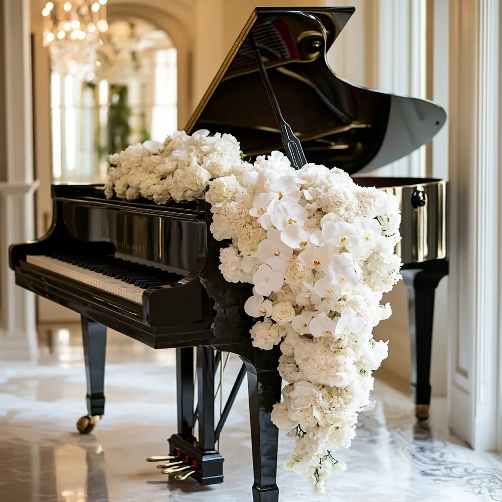 A black grand piano sits elegantly in a grand hall, adorned with a cascading arrangement of white flowers.  The opulent floral display, primarily hydrangeas and orchids, drapes from the piano's side, creating a luxurious and romantic atmosphere.  The polished marble floor and classical architectural details of the background enhance the image's sophisticated feel.