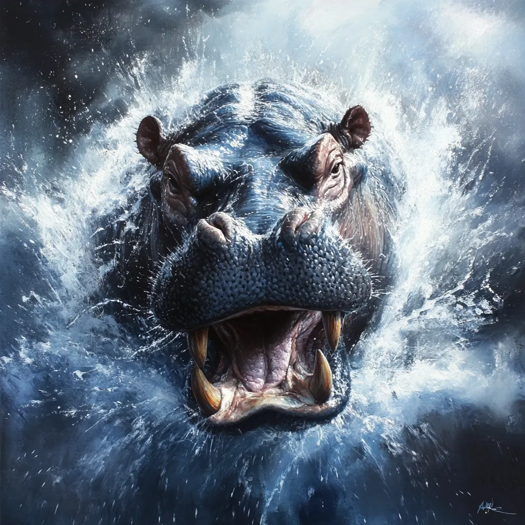 A powerful depiction of a hippopotamus emerging from water, its massive jaws open in a dramatic display.  Water splashes around its head and body, creating a sense of motion and energy. The painting uses dark, moody tones with highlights on the water and the hippo's teeth, emphasizing its raw power and intensity. The details of the hippo's skin and the texture of the water are strikingly realistic.