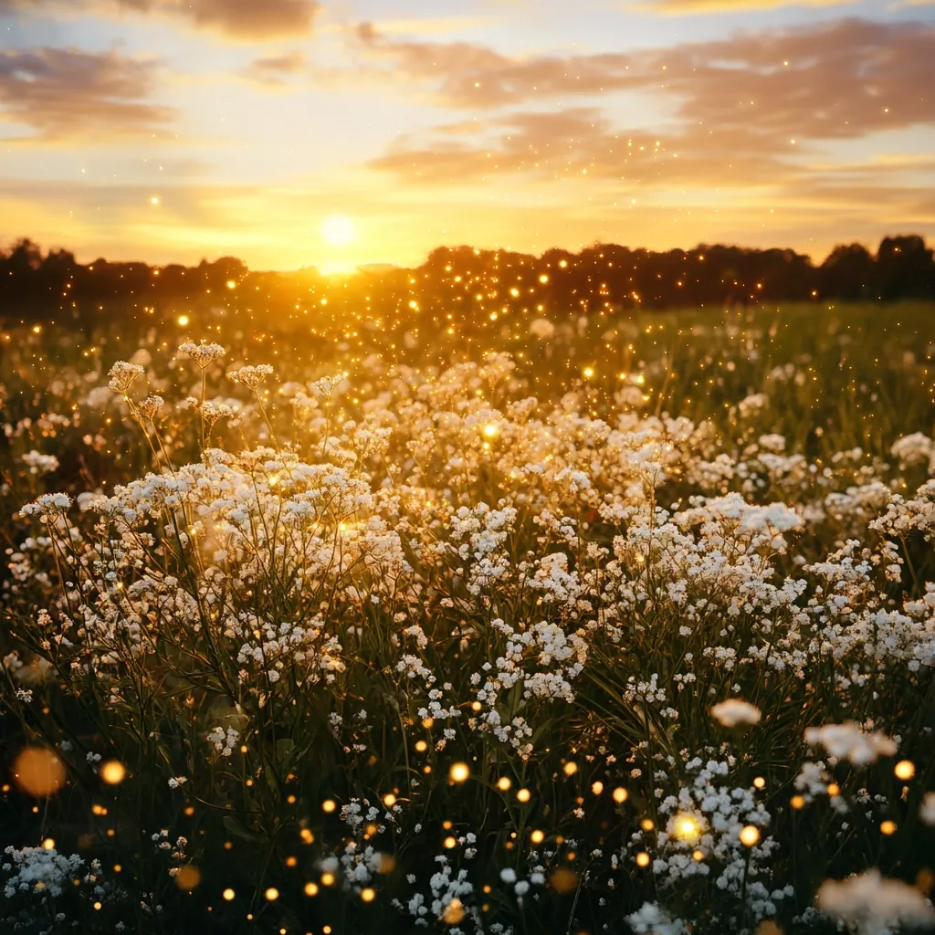 A field of delicate white flowers glows at sunset.  Golden light filters through the blossoms, creating a magical, ethereal atmosphere.  Tiny sparkling particles dance in the air, enhancing the dreamy, romantic ambiance of the scene.  The warm sunset colors cast a soft, golden hue over the entire landscape.