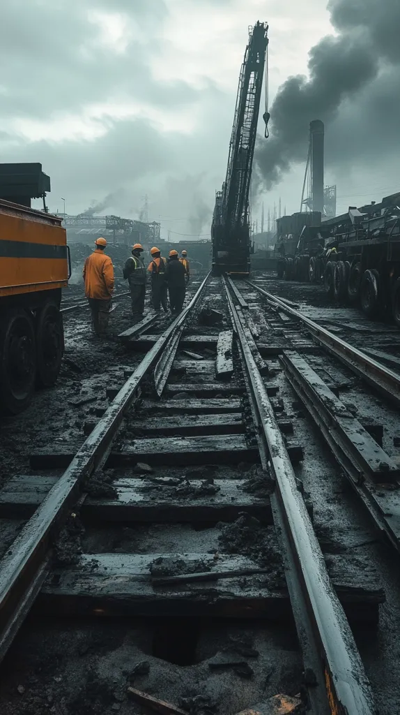 A group of workers in orange safety gear stand on a railway track undergoing maintenance.  A large crane looms in the background, against a backdrop of an industrial landscape shrouded in smoke and a cloudy sky. The scene is dark and moody, emphasizing the harsh working conditions. The focus is on the workers and the damaged track, highlighting the scale of the repair work.