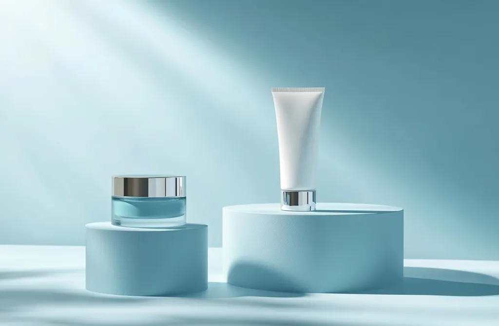 A minimalist product shot showcases skincare products on light blue cylindrical platforms.  A glass jar of cream with a silver lid sits on a smaller platform, while a white tube of lotion with a silver cap rests on a larger platform. Soft, diffused sunlight illuminates the scene against a pale blue background, creating a serene and elegant atmosphere.