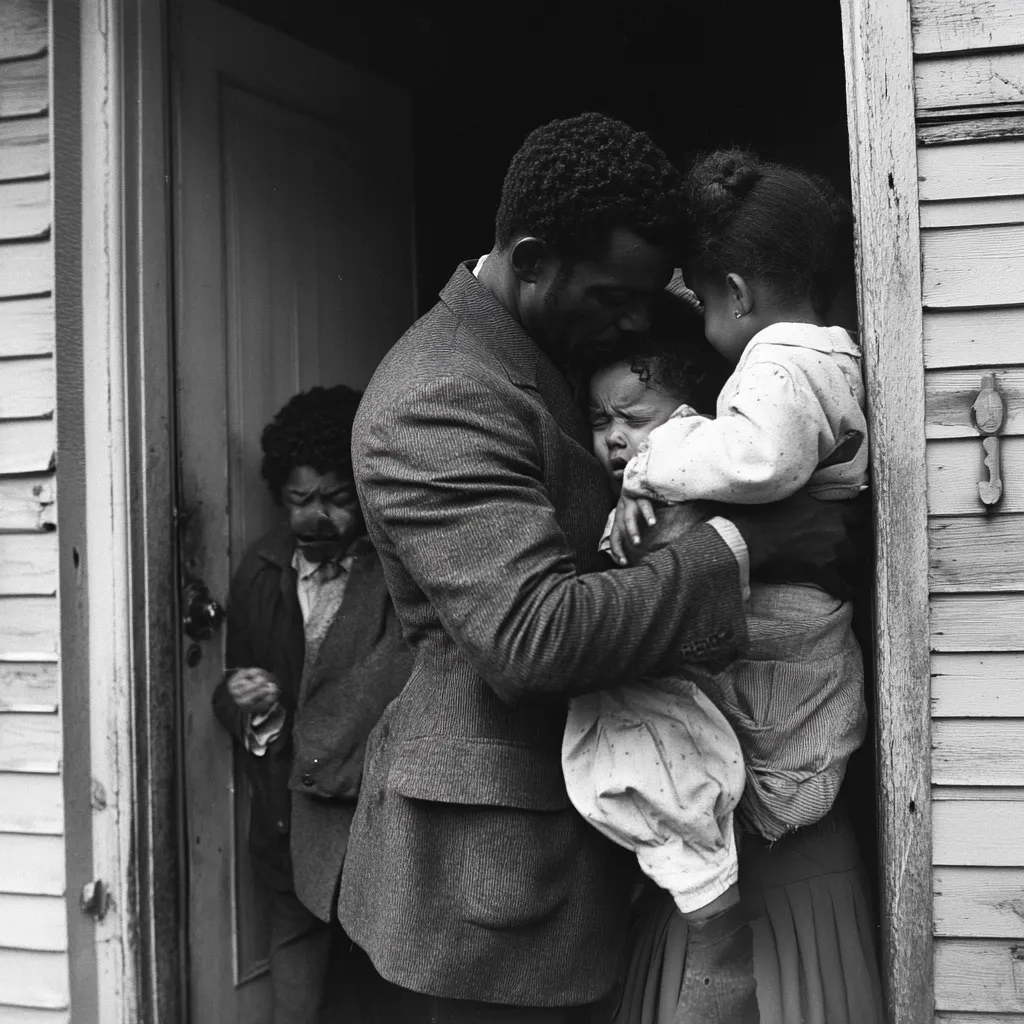 A black and white photograph captures a poignant moment. A man, dressed in a suit, holds two young children close, one of whom is crying. Another child stands slightly behind and to the side, seemingly observing the scene. The family stands in a doorway, partially obscured by the frame, suggesting a sense of intimacy and perhaps vulnerability within their home.  The image is a powerful portrayal of family dynamics and emotion.