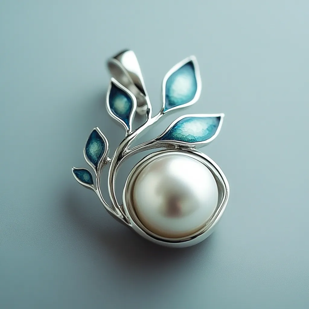 An elegant pendant features a large, lustrous pearl nestled within a silver setting.  Delicate silver branches, adorned with teal enamel leaves, gracefully frame the pearl. The pendant's design evokes a sense of natural beauty and refined sophistication, ideal for adding a touch of understated elegance to any ensemble.