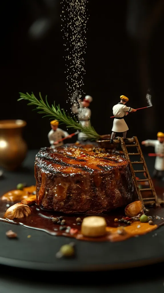 A perfectly seared steak, glistening with juices, is the centerpiece of a miniature culinary scene.  Tiny chef figurines, perched on a ladder, add salt to the dish.  Surrounding the steak are sautéed mushrooms and a rich, dark sauce, all artfully arranged on a dark plate.  Rosemary sprigs add a touch of elegance. The overall effect is a whimsical, gourmet masterpiece.
