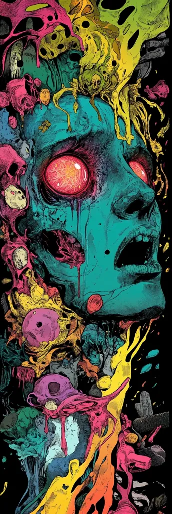 A vibrant, psychedelic illustration features a grotesque, teal-skinned face with glowing red eyes, surrounded by a chaotic explosion of multicolored, biomorphic shapes.  The style is reminiscent of a grotesque caricature, with dripping paint-like textures and a surreal, nightmarish quality.  The overall composition is densely packed with detail, creating a sense of overwhelming complexity and intense visual energy.