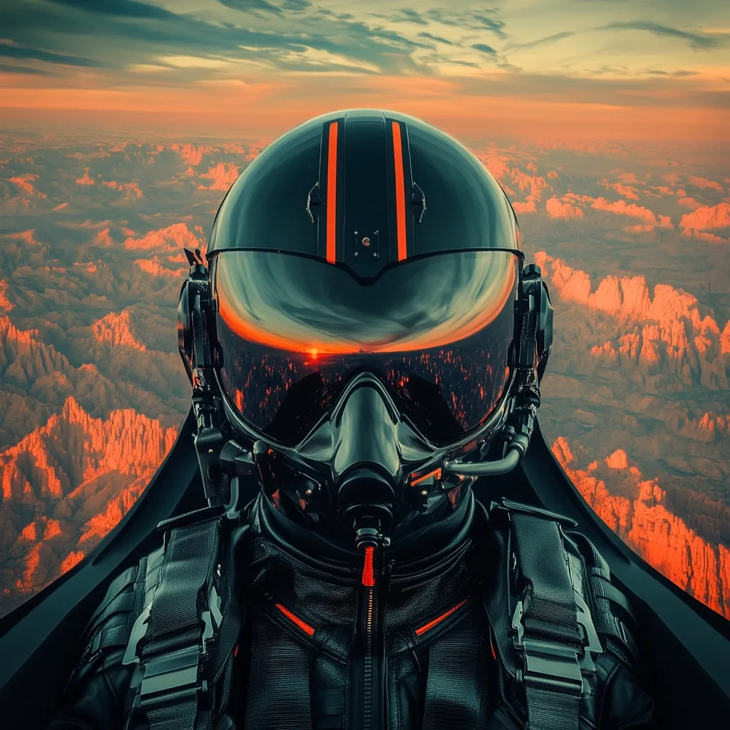 A pilot, clad in a sleek black flight suit and helmet with vibrant orange stripes, sits in a cockpit overlooking a breathtaking sunset.  The landscape below is a dramatic expanse of red rock formations, stretching to the horizon. The pilot's helmet visor reflects the fiery sky, creating a striking visual contrast between the futuristic gear and the natural beauty. The scene evokes a sense of adventure and awe.