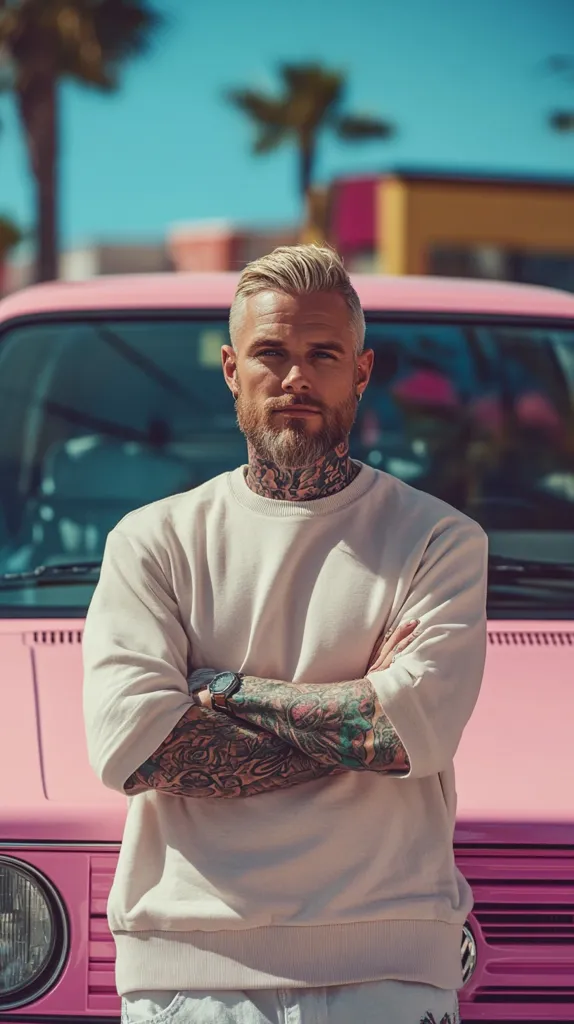 A blonde, tattooed man with a beard stands arms crossed in front of a pink vintage car. He wears a light beige sweatshirt and light-colored pants.  The background features palm trees and brightly colored buildings, suggesting a sunny, possibly coastal, location. The overall aesthetic is stylish and modern.
